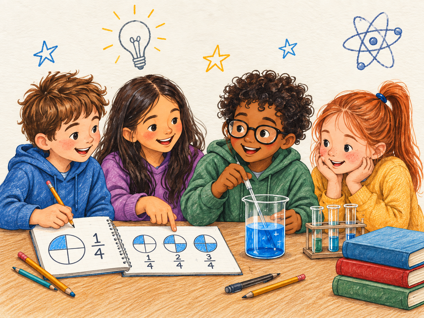 Four elementary students learning fractions and doing a science experiment together